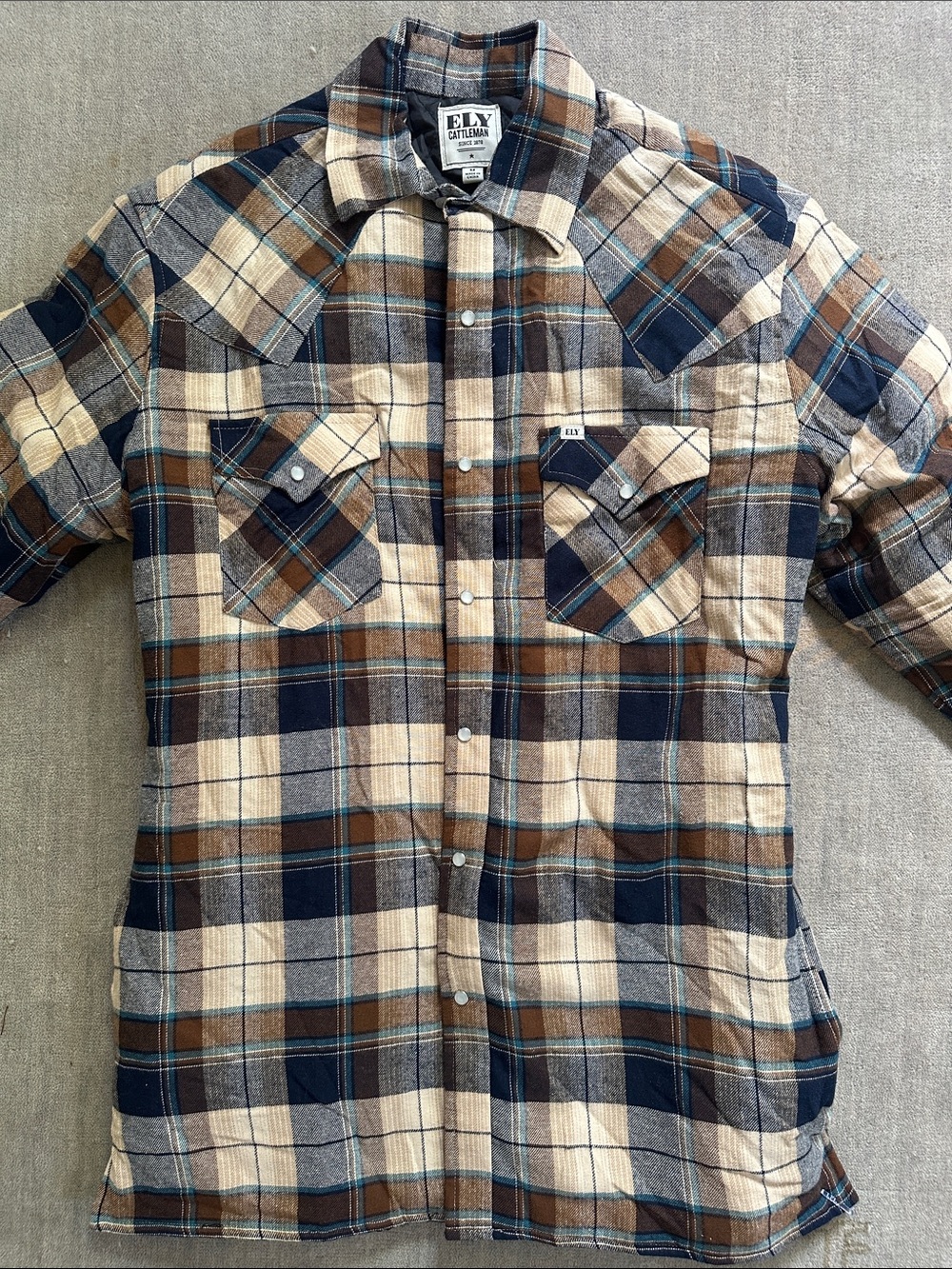 Ely Cattleman Brown, Navy & Teal Plaid Flannel Shirt